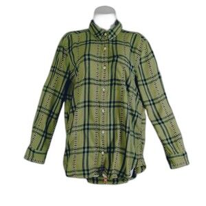 Aeropostale Blouse Women's M Long Sleeve Buttons Army Green Embroider Plaid Gorp